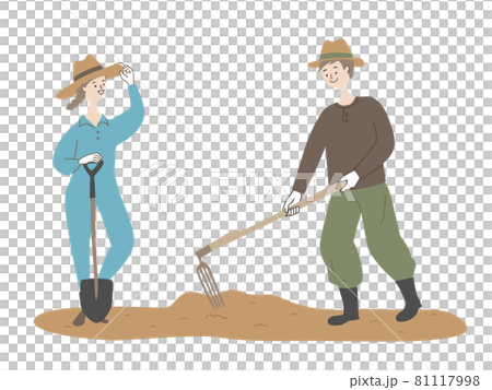 畑を耕す男女 81117998