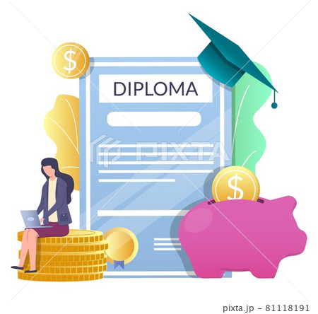 Diploma, graduation hat, piggy bank, woman sitting on coins, vector illustration. Student loan, saving education money. 81118191
