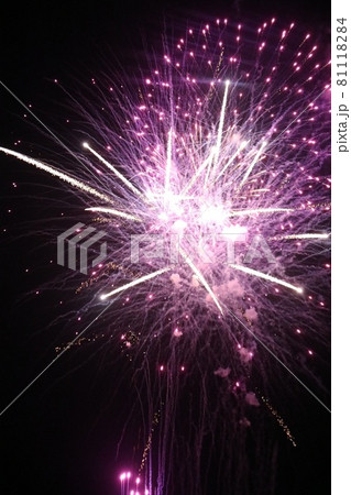夏の夜空に広がるピンクと白の花火 81118284