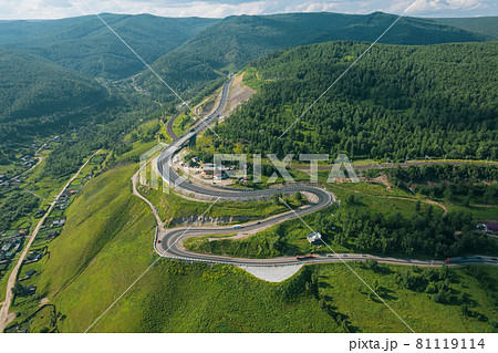The Baikal serpentine road - aerial view of natural mountain valley with serpantine road, Trans-Siberian Highway, Russia, Kultuk, Slyudyanka 81119114