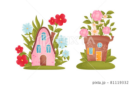 Cute fabulous houses among summer flowers set vector illustration 81119332