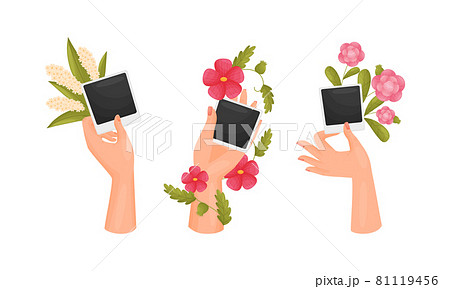 Female hands holding retro paper photo frame and flowers set vector illustration Female hands holding retro paper photo frame and flowers set vector illustration 81119456