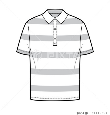 Shirt rugby stripes technical fashion illustration with short sleeves, tunic length, oversized body, henley collar. 81119804