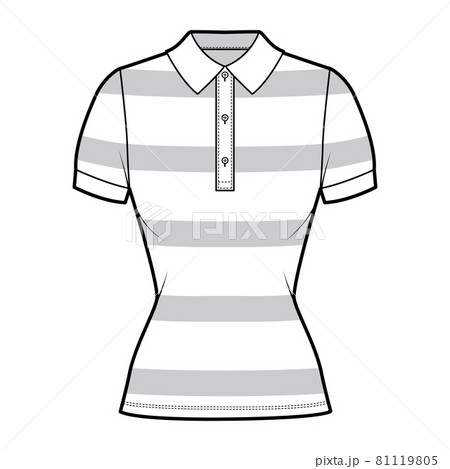 Shirt rugby stripes technical fashion illustration with short sleeves, tunic length,, fitted body, henley polo collar.  81119805