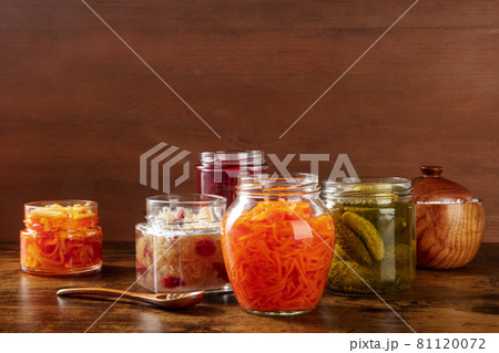 Fermented, probiotic food. Canned vegetables. Pickled carrot, sauerkraut etc Fermented, probiotic food. Canned vegetables. Pickled carrot, sauerkraut etc 81120072