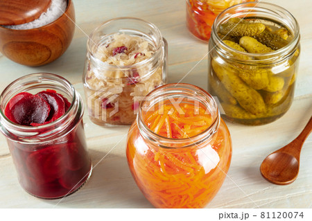 Probiotic foods. Fermented food. Canned sour cabbage, carrot, pickles etc Probiotic foods. Fermented food. Canned sour cabbage, carrot, pickles etc 81120074