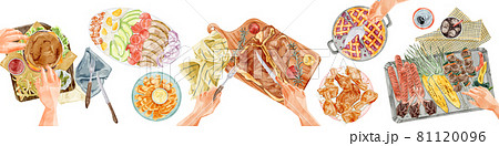 アメリカンな料理を並べたホームパーティー手描き水彩風イラストのイラスト素材