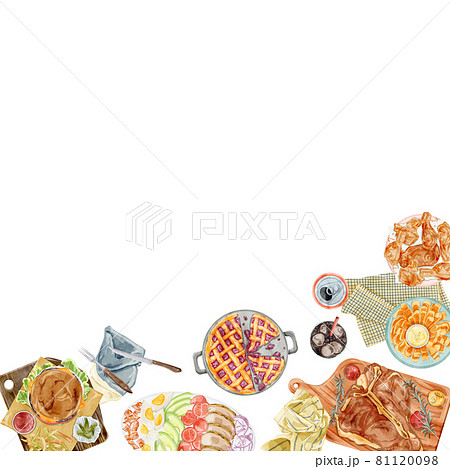 アメリカンな料理を並べたホームパーティー手描き水彩風イラストのイラスト素材