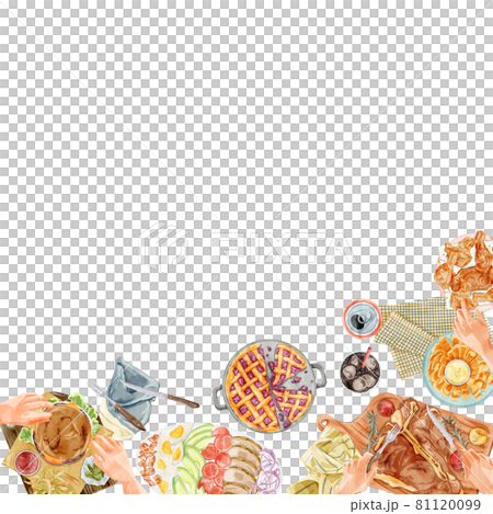 アメリカンな料理を並べたホームパーティー手描き水彩風イラスト アメリカンな料理を並べたホームパーティー手描き水彩風イラスト 81120099