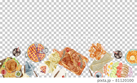 アメリカンな料理を並べたホームパーティー手描き水彩風イラスト アメリカンな料理を並べたホームパーティー手描き水彩風イラスト 81120100