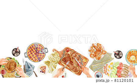 アメリカンな料理を並べたホームパーティー手描き水彩風イラスト アメリカンな料理を並べたホームパーティー手描き水彩風イラスト 81120101