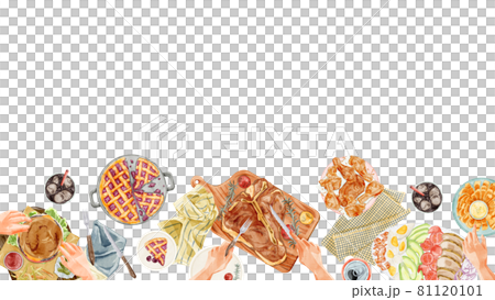 アメリカンな料理を並べたホームパーティー手描き水彩風イラスト アメリカンな料理を並べたホームパーティー手描き水彩風イラスト 81120101