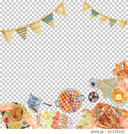 アメリカンな料理を並べたホームパーティー手描き水彩風イラスト アメリカンな料理を並べたホームパーティー手描き水彩風イラスト 81120102