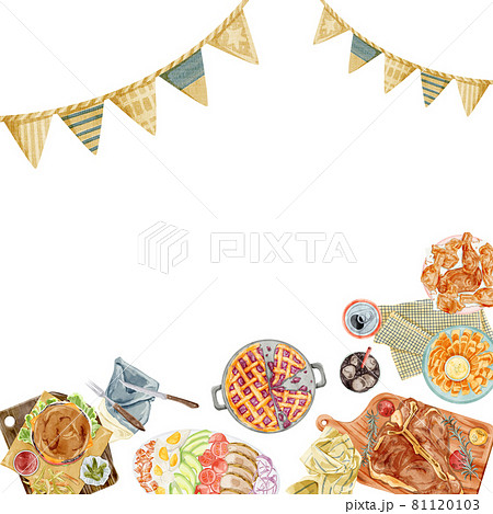 アメリカンな料理を並べたホームパーティー手描き水彩風イラストのイラスト素材