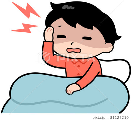 布団の中で頭をおさえる男の子のイラスト素材