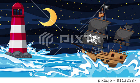 Ocean with Pirate ship at night scene in cartoon style 81122537