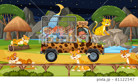 Safari At Night Time Scene With Children のイラスト素材