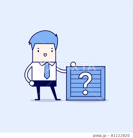 Businessman standing beside unknown box. Cartoon character thin line style vector. 81122820