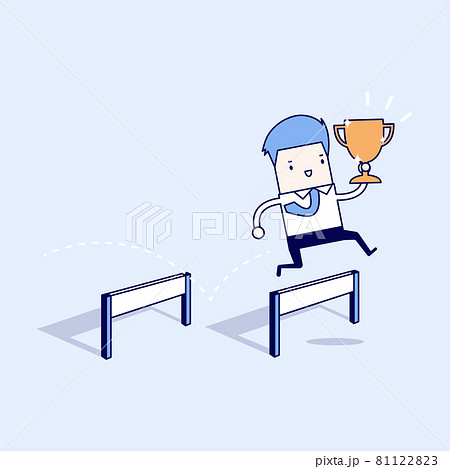 Businessman jumping and holding trophy. Cartoon character thin line style vector. 81122823