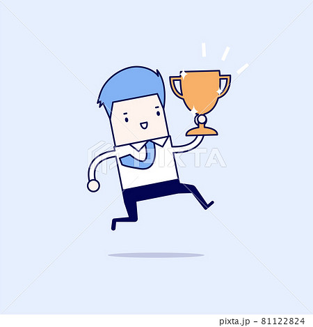 Businessman jumping and holding trophy. Cartoon character thin line style vector. 81122824