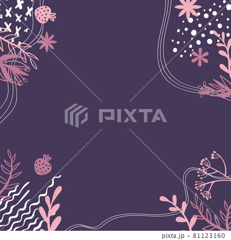 Square background with doodle flower and leaves silhouette and abstract shapes and place for text. Banner with copy space and hand drawn decorative plant and trendy shapes in Scandinavian style. 81123160