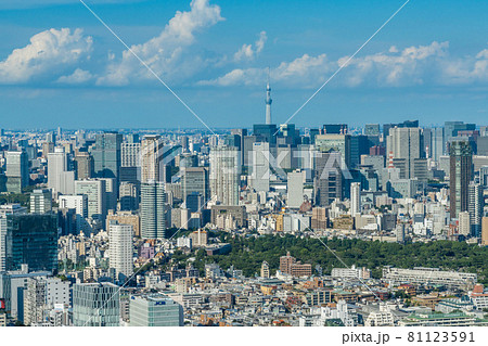 都市風景 積乱雲浮かぶ夏のスカイツリーと街風景の写真素材