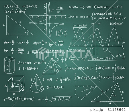 Math formulas. Chalk board background with algebraic and geometric graphs, functions and drawings. Doodles handwritten mathematical calculation. Trigonometry lesson. Vector exact science 81123642