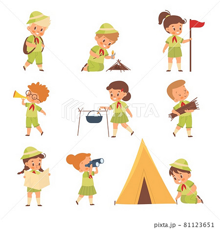 Scouts kids. Boys and girls in uniform learning survival in wild. Young nature explorers and adventurers build camp. Children characters put up tent or light a fire. Vector pupils set Scouts kids. Boys and girls in uniform learning survival in wild. Young nature explorers and adventurers build camp. Children characters put up tent or light a fire. Vector pupils set 81123651