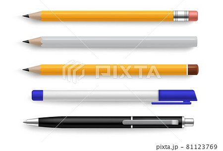 Pen and pencil. Realistic stationery tools for writing and drawing. Yellow and white objects with shadow above view marketing branding template. Corporate identity vector isolated set 81123769
