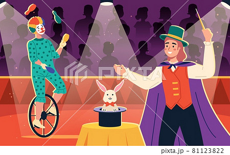 Circus show. Invitation poster with fun magician and clown juggler on bicycle in costumes, advertisement flyer red theater curtain framed. Entertainment show vector horizontal cartoon concept Circus show. Invitation poster with fun magician and clown juggler on bicycle in costumes, advertisement flyer red theater curtain framed. Entertainment show vector horizontal cartoon concept 81123822