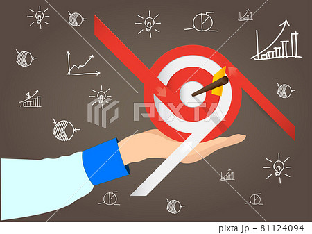 Illustration of a businessman holding a goal with arrows running into the center circle on all sides. And around the area there are doodle drawings. Illustration of a businessman holding a goal with arrows running into the center circle on all sides. And around the area there are doodle drawings. 81124094