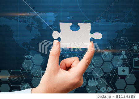 Hand Holding Jigsaw Puzzle Piece Unlocking New Futuristic Technologies. Palm Carrying Puzzles Part Displaying Solving Late Innovative Virtual Ideas. 81124388