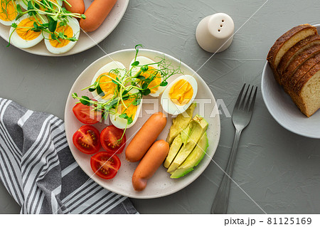 Lunch with boiled eggs with sausages 81125169