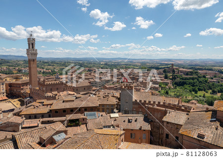 Panoramic view of Siena city with historic buildings and far green fields Panoramic view of Siena city with historic buildings and far green fields 81128063