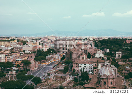 Panoramic view of city Rome with Roman forum and Colosseum from Vittoriano Panoramic view of city Rome with Roman forum and Colosseum from Vittoriano 81128221