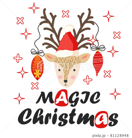 Deer with Christmas balls on the horns. Christmas card with a deer and letters. Cute winter poster, Christmas card 81128948