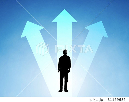 青空に3方向の矢印と男性のシルエットのイラスト素材