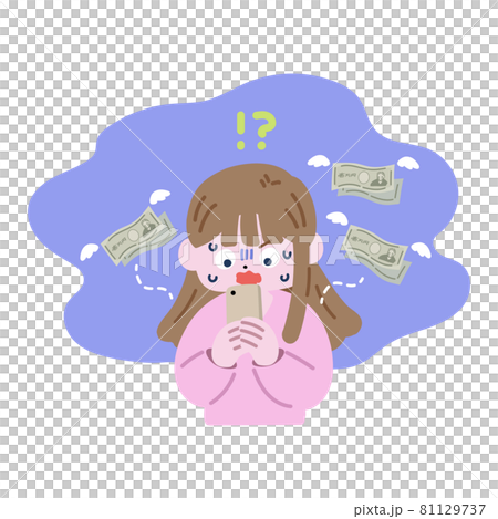 お金が飛んでいき焦るスマホを持った女性 お金が飛んでいき焦るスマホを持った女性 81129737