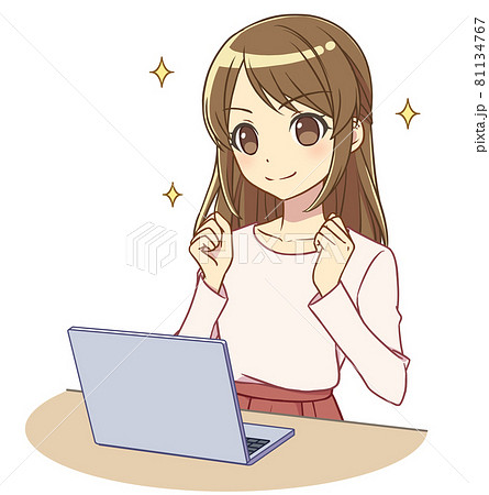 パソコンを操作する私服の女性 ガッツポーズのイラスト素材
