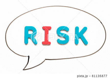 Alphabet letter with word risk in black line hand drawing as bubble speech on white board background 81136877