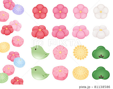 和菓子のイラスト素材セット_ねりきり_梅_桜_鶯 81138586