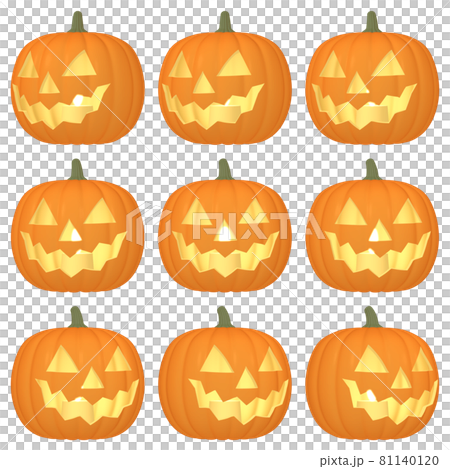 ハロウィンのイラスト素材　カボチャのお化け（C）　発光　カット九点セット 81140120