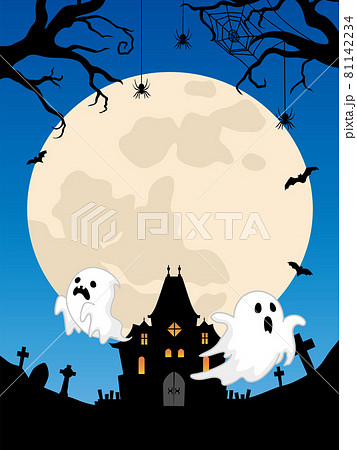 ハロウィン背景 お化け屋敷と幽霊と満月 のイラスト素材