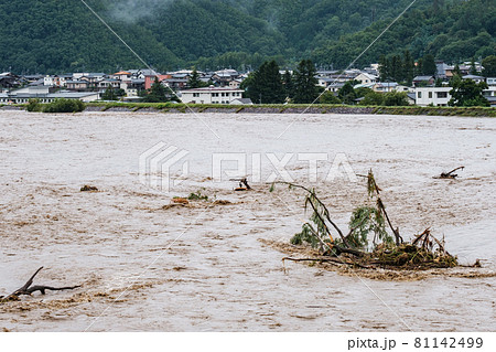 大雨で増水した川 81142499