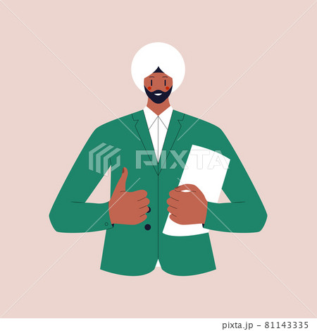 A guy with a beard in a turban in a business suit holds a folder with documents and shows a thumbs up. Colorful flat vector illustration on isolated background. Eps 10. 81143335