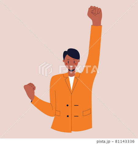 Asian guy in a business suit stands in the winner pose. A confident businessman. Colorful flat vector illustration on isolated background. Eps 10. 81143336