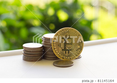 ビットコインと硬貨 緑の背景 ビットコインと硬貨 緑の背景 81145164