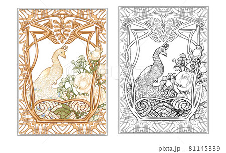 Poster with peacock and roses in art nouveau style Poster with peacock and roses in art nouveau style 81145339