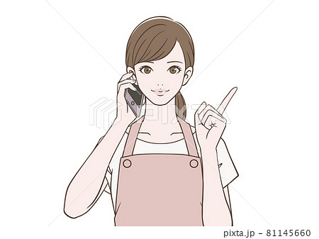 スマートフォンを持ち 人差し指を立てるエプロン姿の女性のイラスト素材
