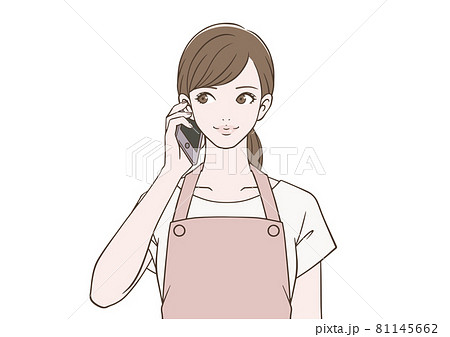 笑顔でスマートフォンを持つエプロン姿の女性のイラスト素材